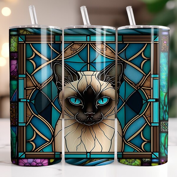 Stained Glass Siamese Cat Tumbler, Cat Lover Gift, Cat Mom, Cat Dad 20 oz Tumbler with Straw