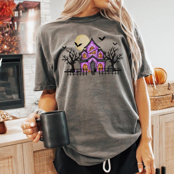 Purple Haunted House Halloween Shirt, Cute Spooky Season Tee, Witchy Fall Graphic T-Shirt