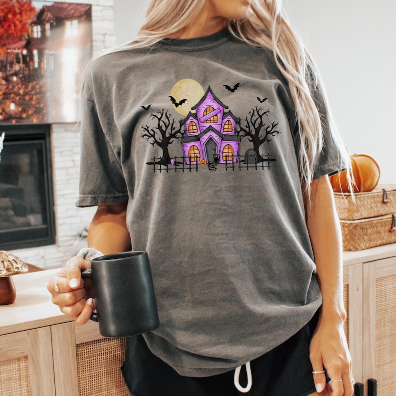 Purple Haunted House Halloween Shirt, Cute Spooky Season Tee, Witchy Fall Graphic T-Shirt image 1