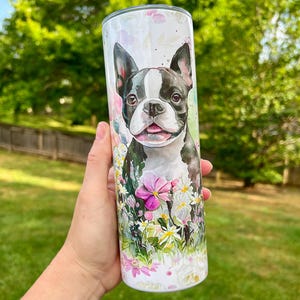 Boston Terrier Personalized Tumbler, Dog Mom Gift, Floral Tumbler 20oz with Straw