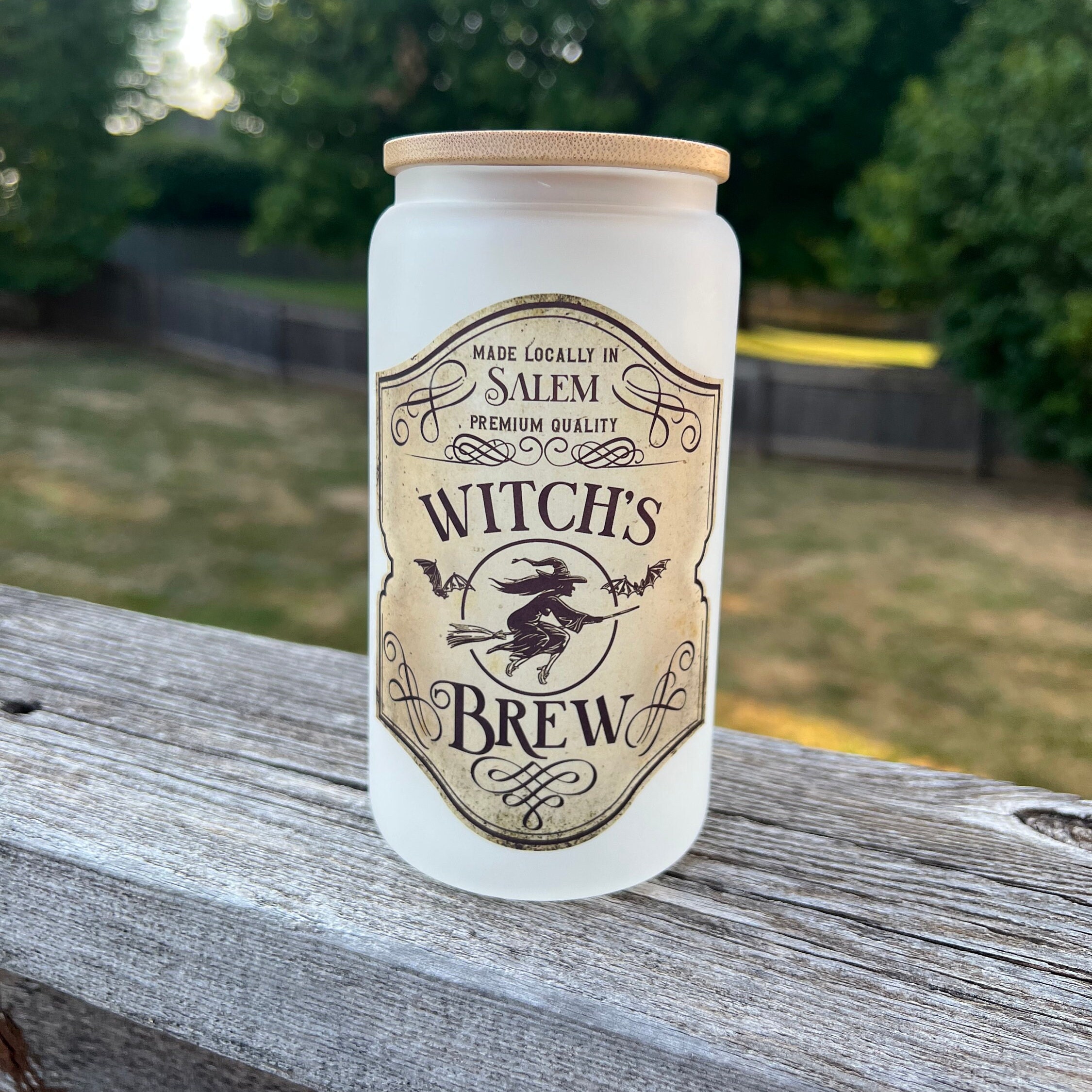 Witches Brew Frosted Glass Cup With Bamboo Lid and Straw, Funny