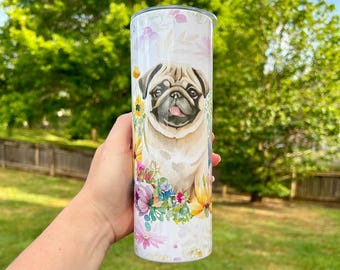 Pug Personalized Tumbler, Dog Mom Gift. Floral Tumbler 20oz with Straw