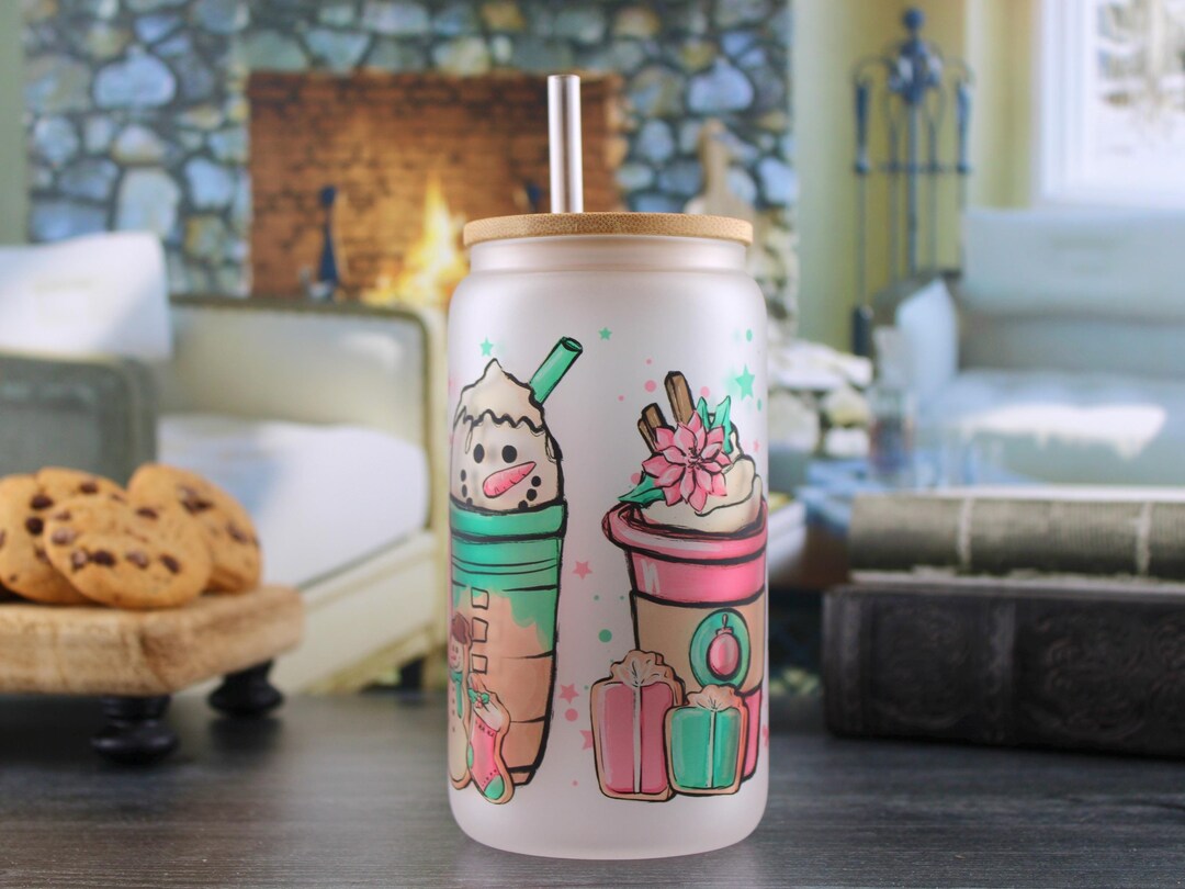 Pink Christmas Snowman Iced Coffee Latte Frosted Glass 16 Oz Cup Can ...