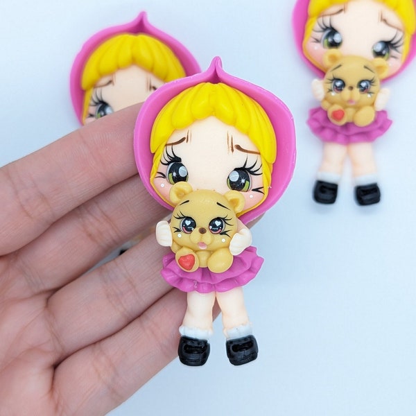 Girl and the bear polymer Clay doll for bows, headbands, embellishment and crafts. FLAT RATE SHIPPING