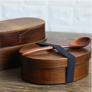 Handmade Japanese double layer bento box set, Wooden Bento Box, outdoor bento box, Double layered Bento, stackable portable wooden lunch box image 1