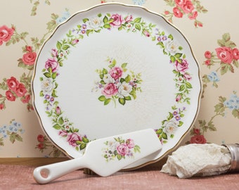 China Cake plate and Cake slice, James Kent Old Foley, Harmony Rose Design, circa 1950's