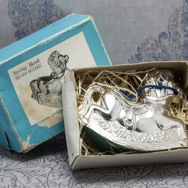 Vintage Silver plated Money Box, Savings bank, Rocking Horse in original box, circa 1980's