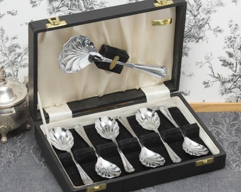 Vintage Dessert spoon set, six place plus serving spoon in box,  circa early to mid century.
