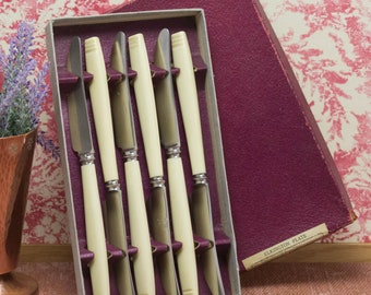 Vintage Cheese Cutlery utensils with faux bone Xylonite handles, , Elkington & Co, Birmingham, England, Circa 1930's