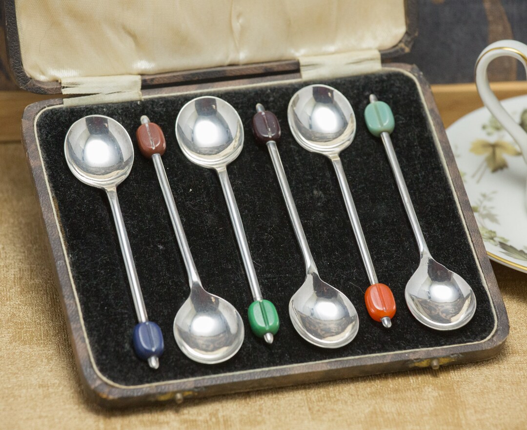 Six Vintage Coffee Bean Teaspoons in Original Box, Circa 1930's1940's