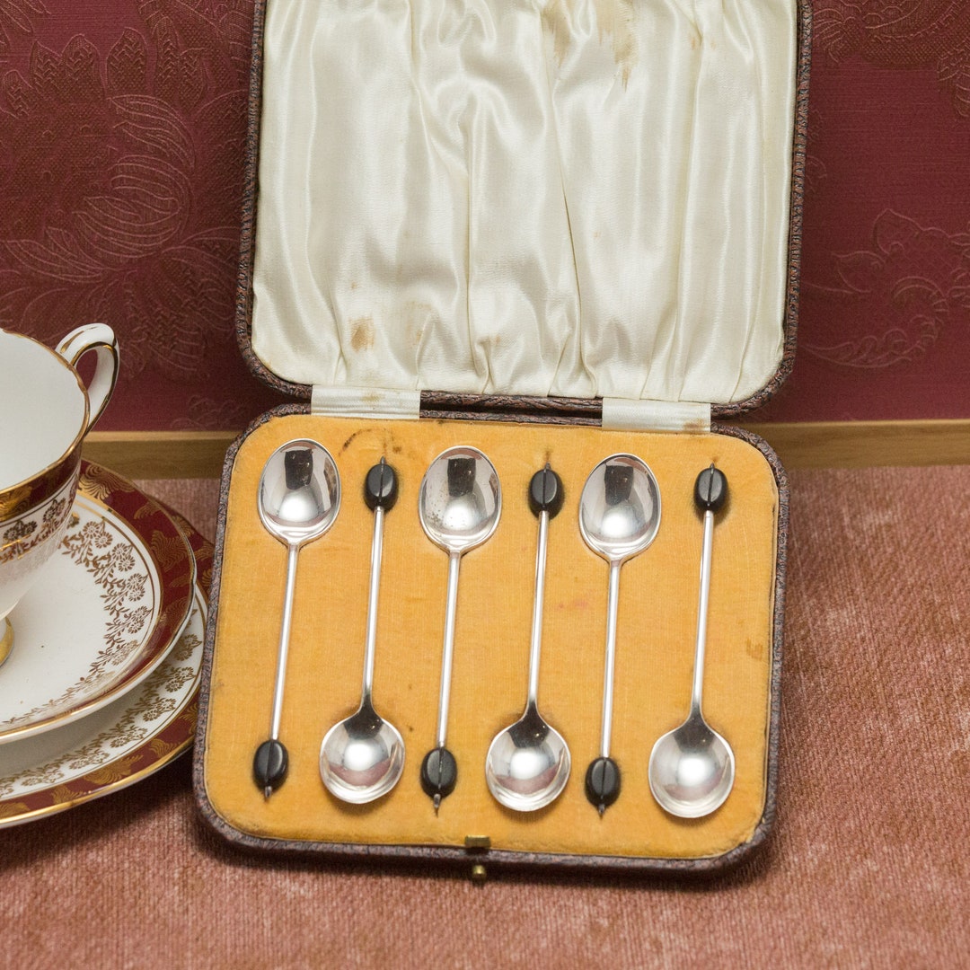 Six Vintage Coffee Bean Teaspoons in Original Box, Circa 1930's1940's
