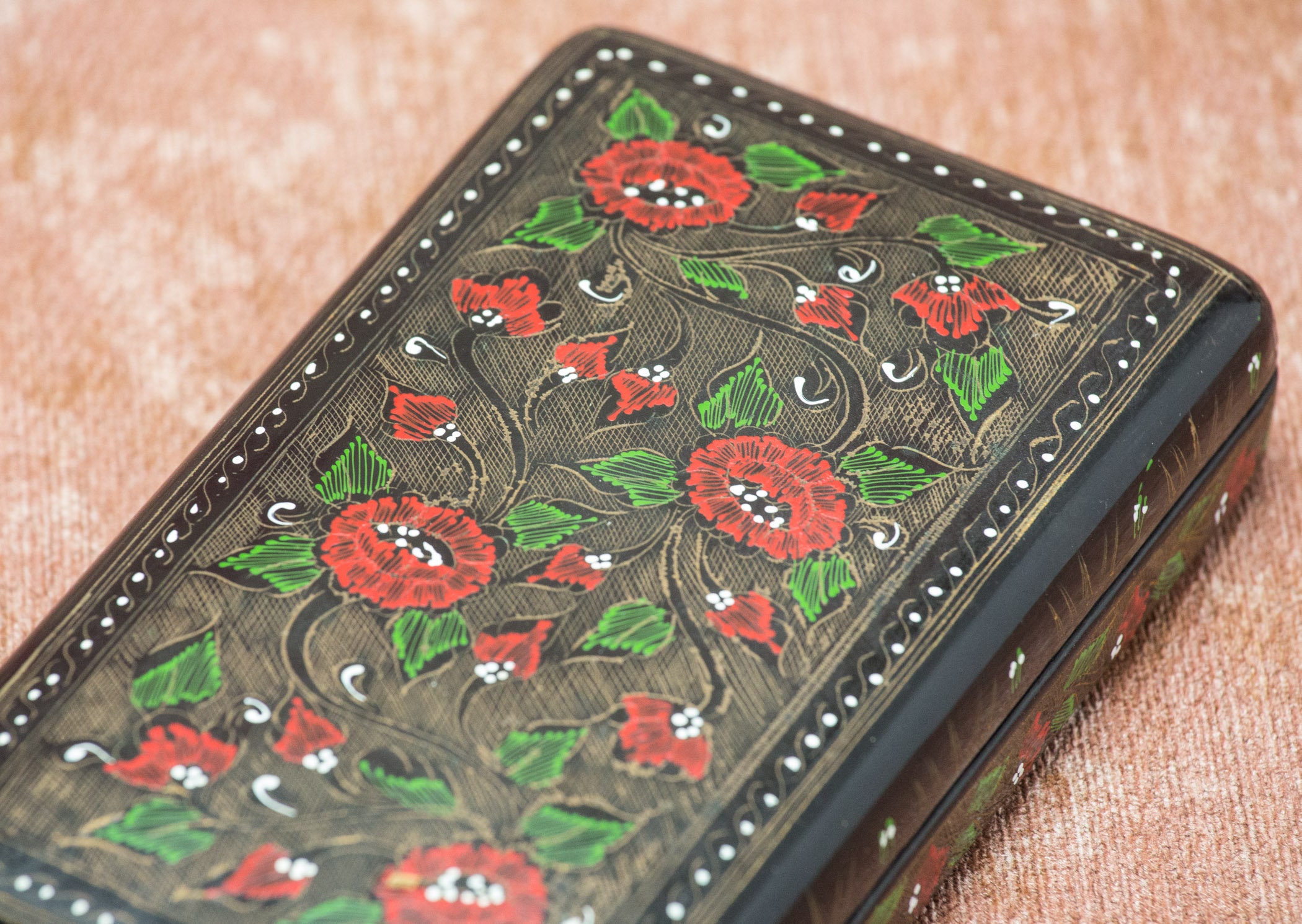 Papier Mache Trinket Box With Oriental Style Lacquer Work Etsy