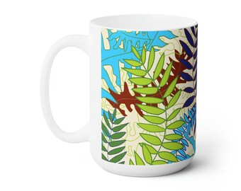 Tropical Ceramic Coffee or Tea Mug 15oz / Classic Mug / Fern Tangle Blue Design / Lead & BPH-free / Great Gift