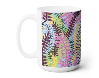 Tropical Ceramic Coffee & Tea Mug 15oz / Classic Mug / Pink Fern Nature Design / Lead and BPH-Free / Great Gift