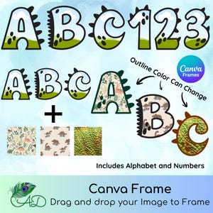 Può includere: Un design digitale con lettere e numeri dell'alfabeto a tema dinosauro. Le lettere e i numeri hanno un contorno bianco con accenti verdi e neri. Il design include il testo "Canva Frame" e "Drag and drop your Image to Frame".
