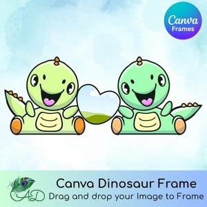 Può includere: Due dinosauri dei cartoni animati in verde chiaro e giallo, che tengono una cornice a forma di cuore con un paesaggio all'interno. L'immagine ha uno sfondo ad acquerello e il testo "Canva Dinosaur Frame".