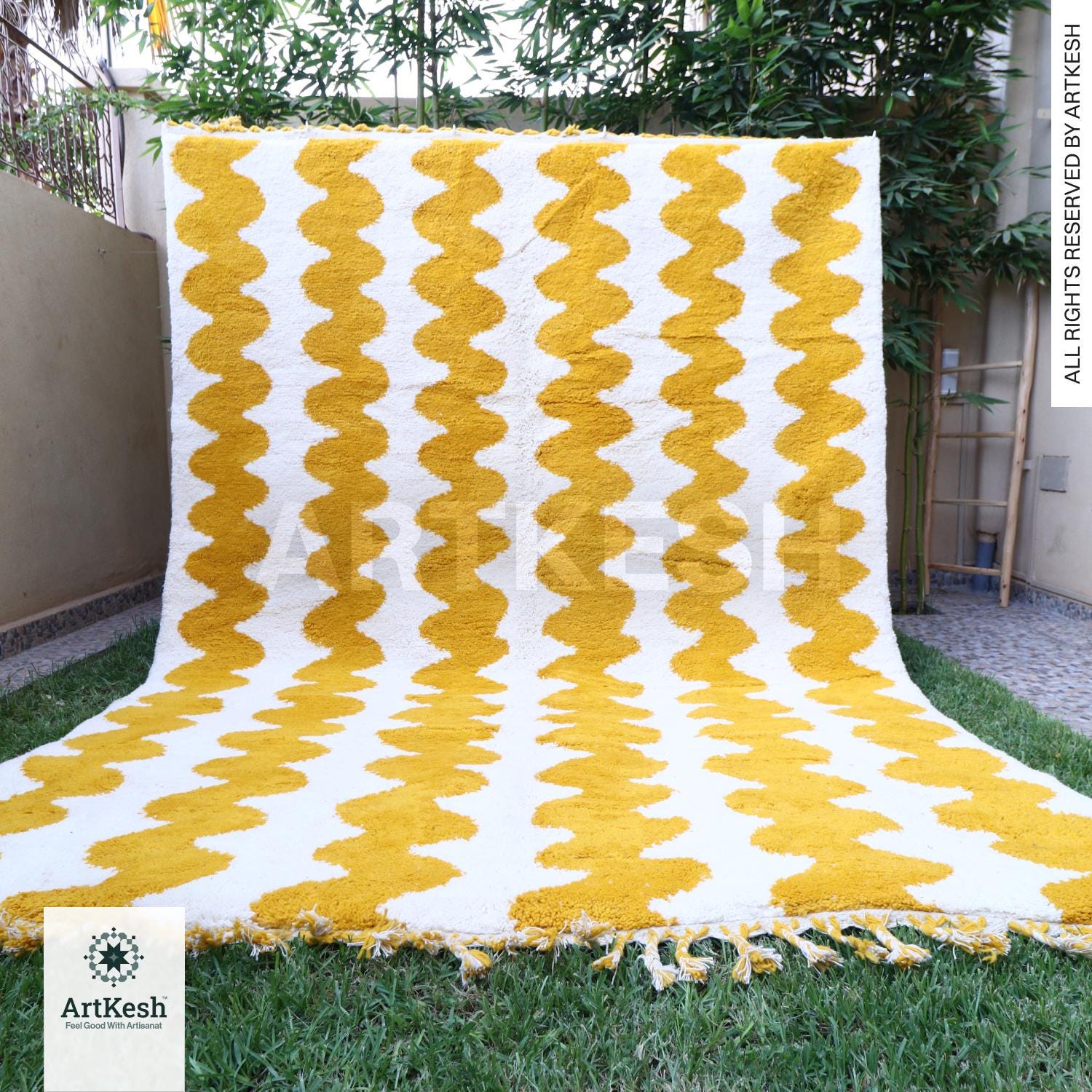 Buy Beni Ourain Rug – Blue Wave Pattern, Handmade Wool Berber