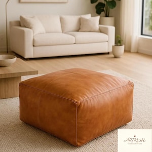 Unstuffed Moroccan Leather Pouf: Square Ottoman Footstool, Unstuffed