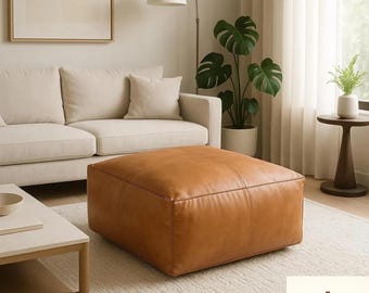 Handmade Moroccan Leather Pouf Ottoman: Light Tan Square Footstool, Unstuffed