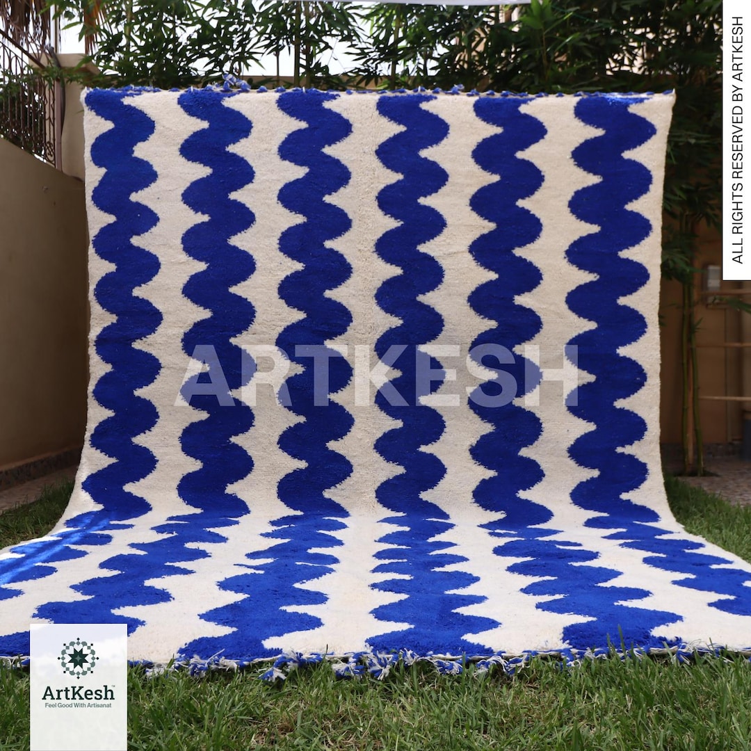 Buy Beni Ourain Rug – Blue Wave Pattern, Handmade Wool Berber