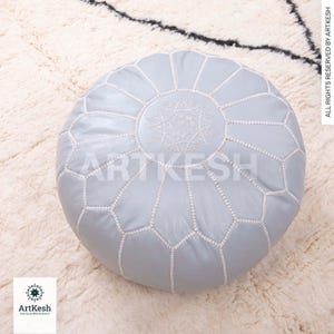 Moroccan Leather Pouf: White Stitching Ottoman Footstool