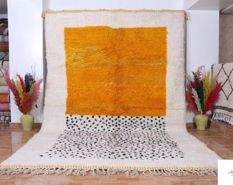 Handwoven Beni Ourain Wool Rug | Yellow Wave Pattern Boho Living Room Carpet