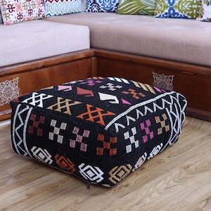 Moroccan Kilim Pouf, Floor Pouf, Vintage Moroccan Ottoman, Beni Ourain Square Pouf, Yoga Meditation Cushion, Outdoor Kilim Pillows