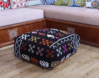 Handmade Moroccan Kilim Pouf: Square Beni Ourain Ottoman Cover
