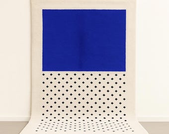Contemporary Moroccan Rug – Custom Blue & White Berber Wool Rug | Modern Minimalist Handwoven Carpet