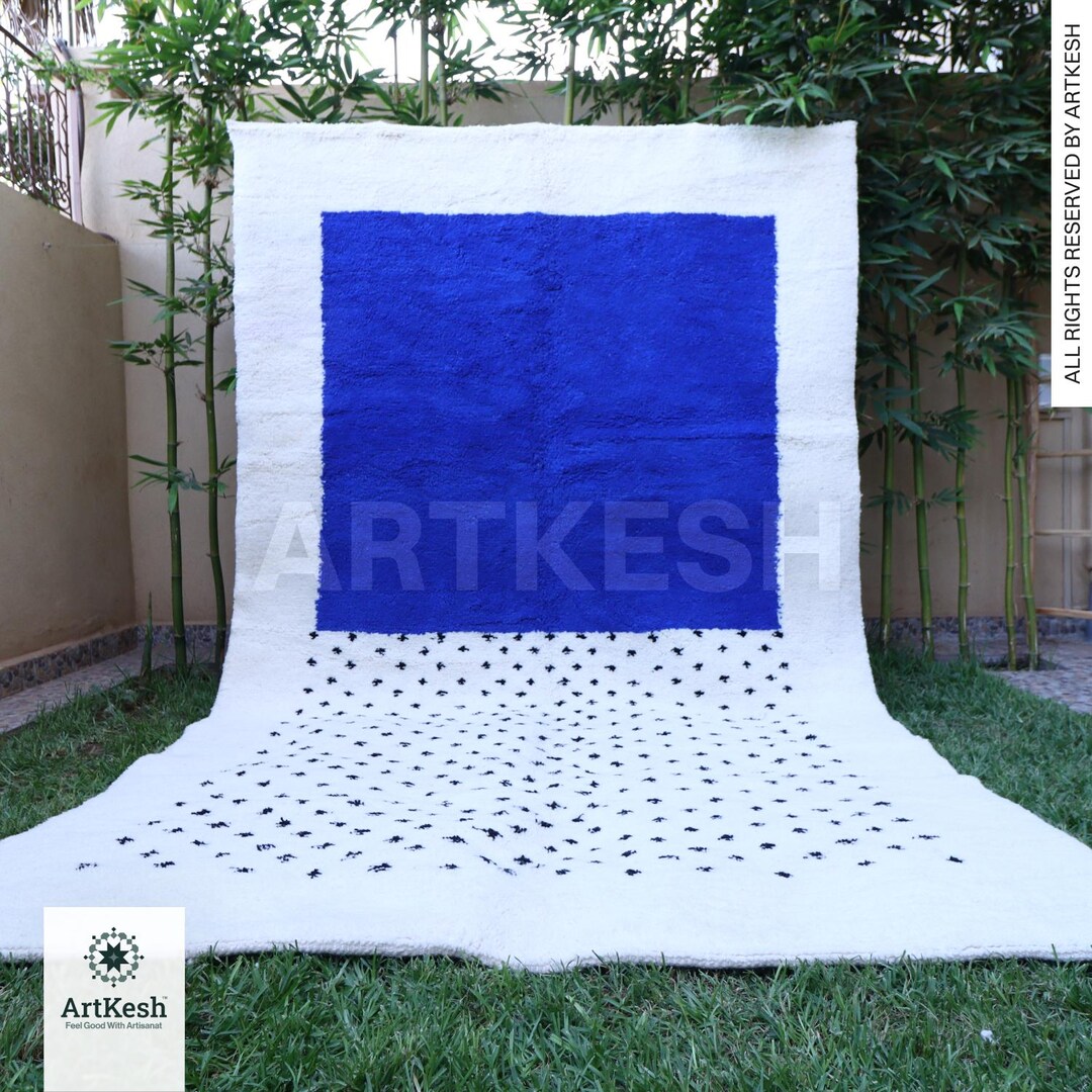 【新品／モロッコ直輸入】ハンベルラグ 手織りウール ブルーモロッコラグ：手織りウールベルベルラグ - カスタムサイズ