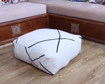 Handmade Moroccan Wool Pouf, Boho Kilim Floor Cushion, Ottoman Cover