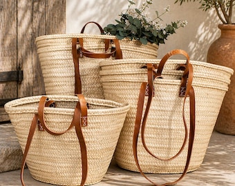 Handwoven Moroccan Palm Leaf Bag, Leather Handles, French Market Basket