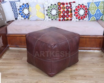 Moroccan Leather Pouf Ottoman, Handmade Genuine Leather Floor Cushion, Boho Footstool (Unstuffed)