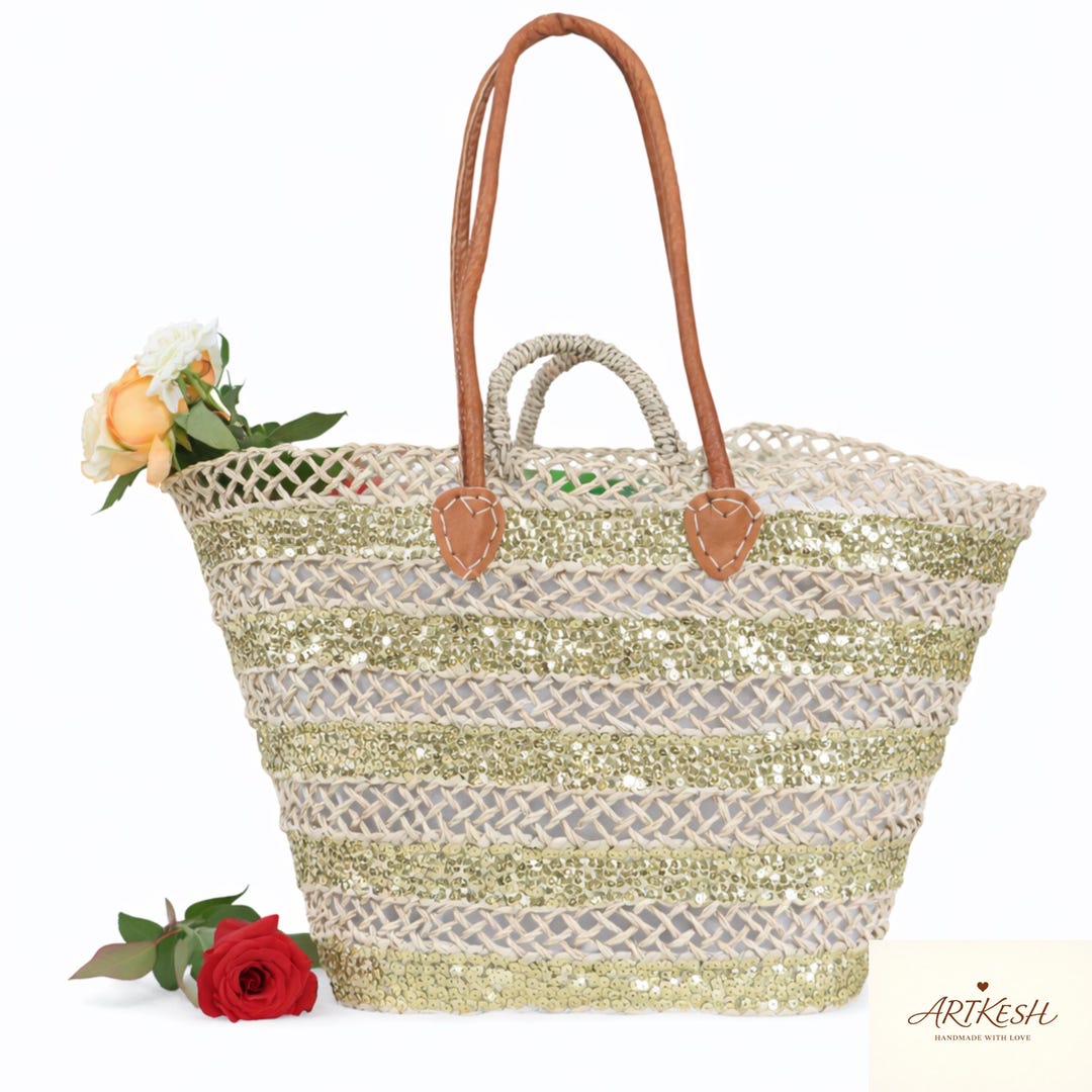 Handmade Gold Sequin Moroccan Straw Tote – Leather Handle Beach Bag - Etsy