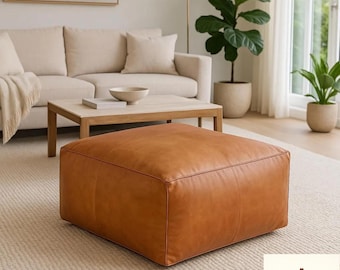 Handmade Moroccan Leather Pouf Ottoman – Light Tan Square Footstool, Unstuffed
