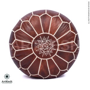 Moroccan Leather Pouf Ottoman: White Stitching, Unstuffed