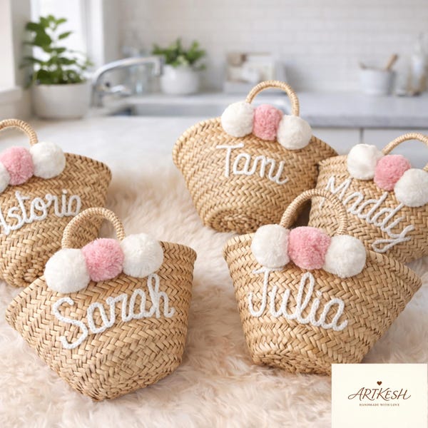 Personalized Moroccan Straw Basket: Embroidered Palm Leaf Bag
