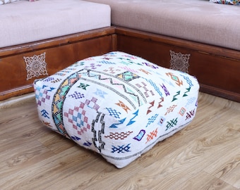 Handmade Moroccan Kilim Pouf: Square Beni Ourain Ottoman, 24” Wool Cushion (Cover Only)