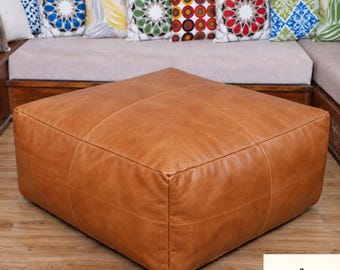 Moroccan Leather Ottoman Table Pouf | Square Embroidered Footstool (Unstuffed)