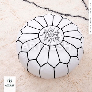 White Leather Moroccan Pouf: Embroidered Ottoman Footstool