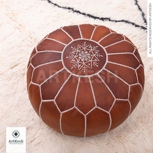Moroccan Leather Pouf: White Stitching, Unstuffed Ottoman