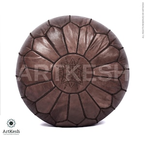 Moroccan Leather Pouf Ottoman: White Stitching, Unstuffed