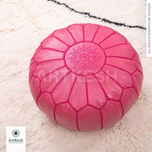 Moroccan Leather Pouf Ottoman: White Stitching, Unstuffed