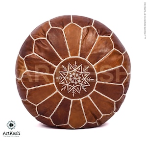 Moroccan Leather Pouf Ottoman: White Stitching, Unstuffed