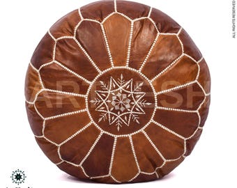 Moroccan Leather Pouf Ottoman: White Stitching, Unstuffed