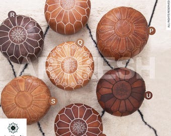 Handmade Moroccan Leather Pouf Ottoman with White Stitching