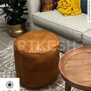 Moroccan Leather Pouf Ottoman: Tan Leather, White Stitching (Unstuffed)