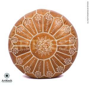 Moroccan Leather Pouf: White Stitching Ottoman, Unstuffed