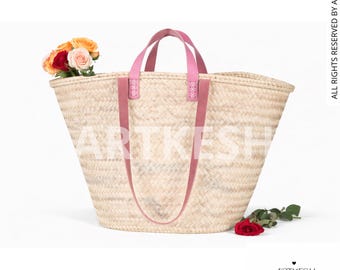 Handwoven Moroccan Palm Leaf Bag, Leather Handles, French Market Basket
