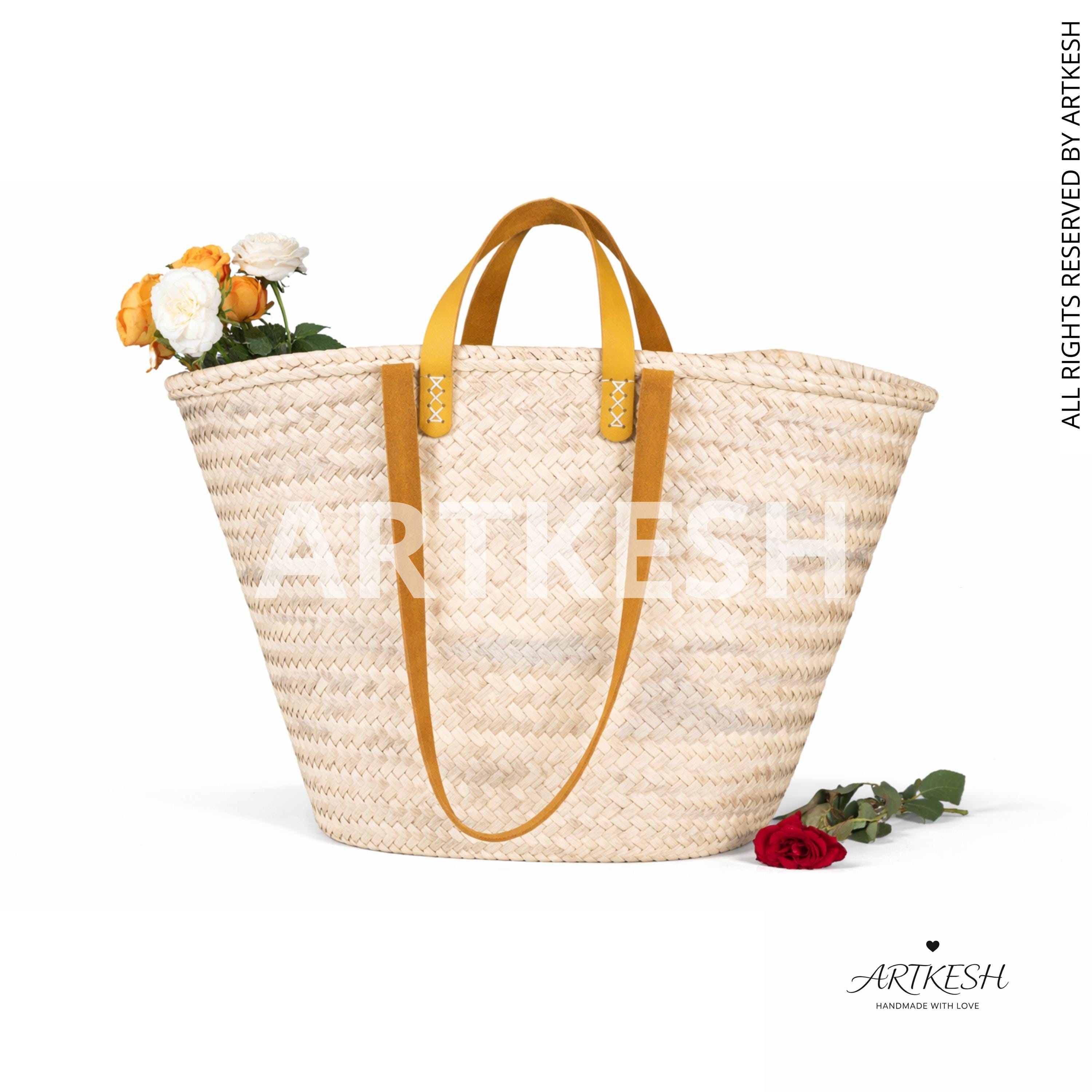 Handwoven Moroccan Palm Leaf Bag, Leather Handles, French Market